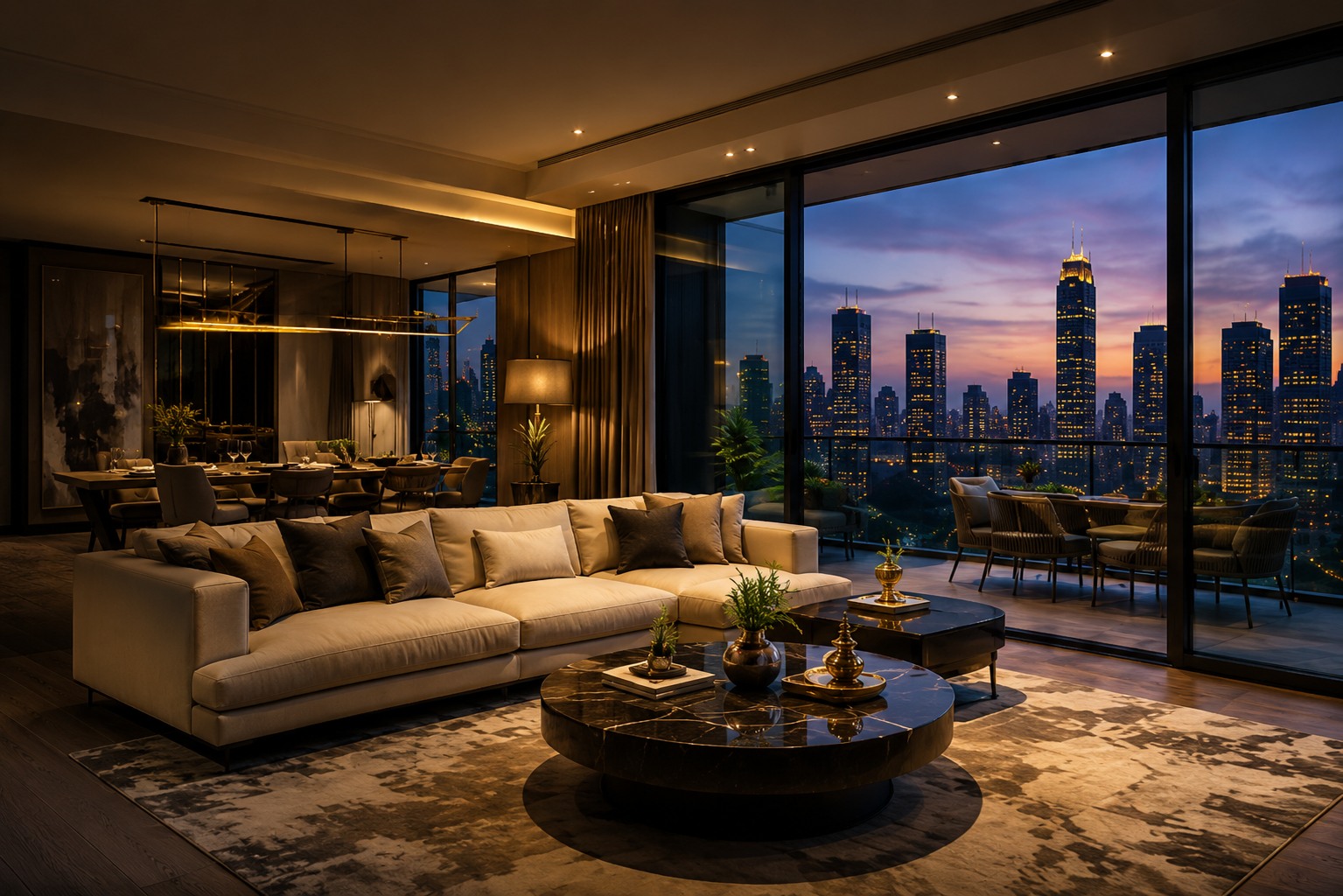 Luxury apartment living room with city skyline view at dusk