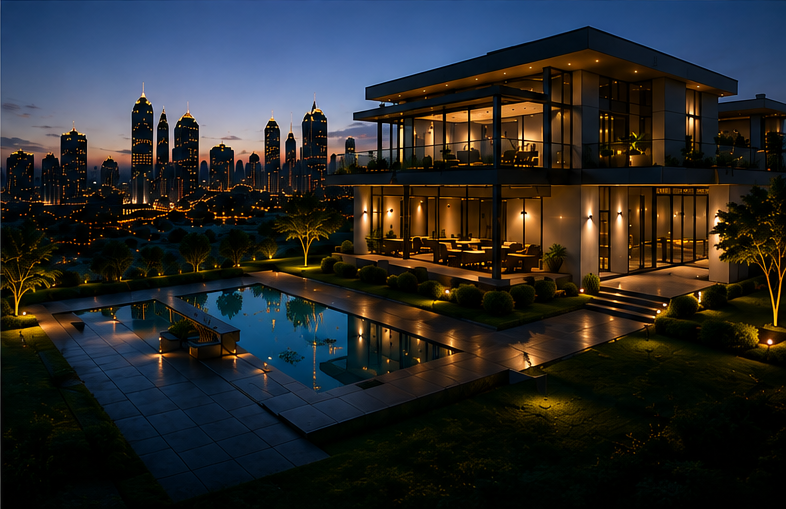 Luxury villa at dusk overlooking the Bangalore skyline